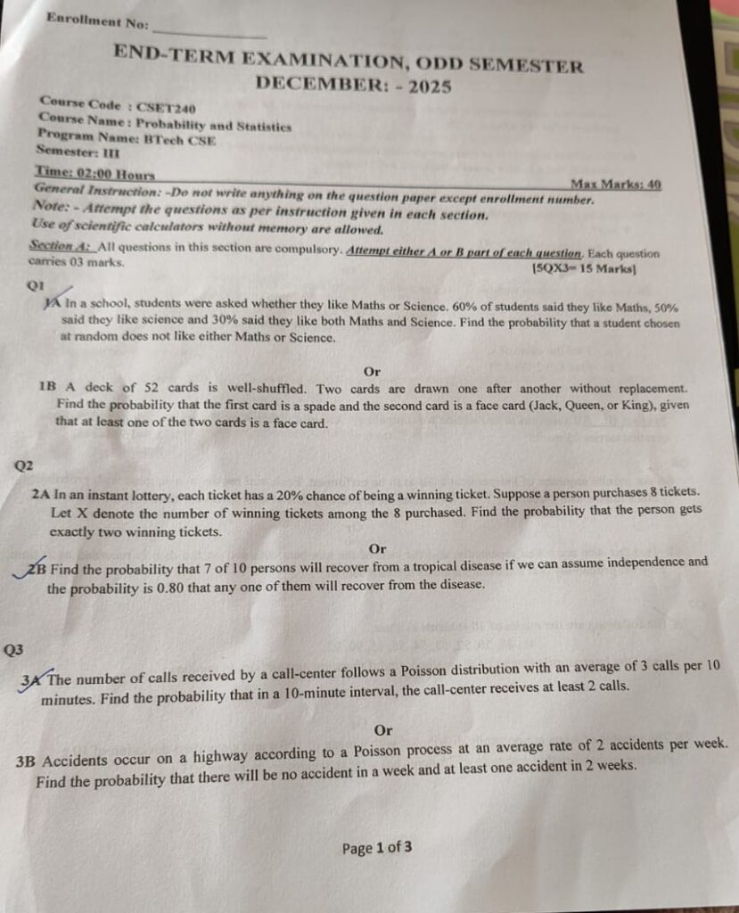 Bennett University B.Tech Question Paper 